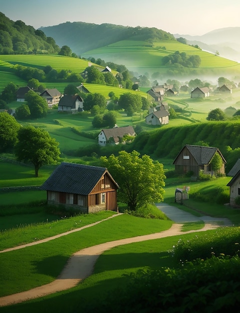 A green village and morning