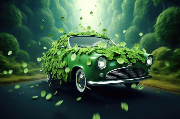 Green vintage car decorated for St Patricks day transport illustration on a green background Generative AI
