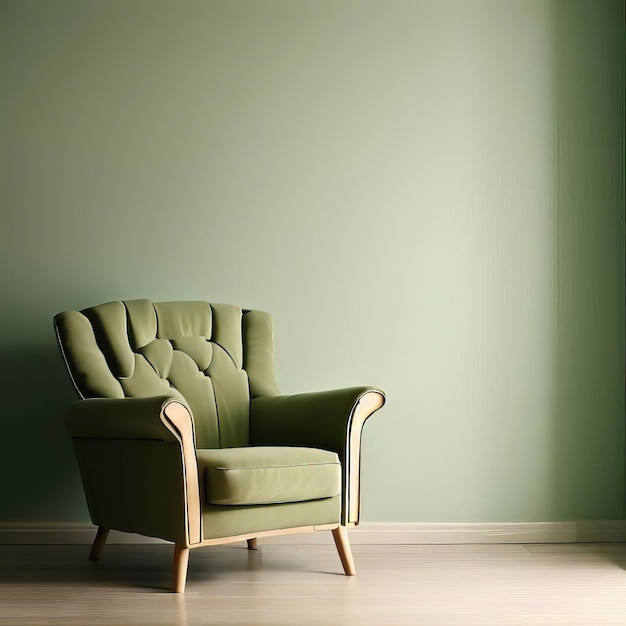 空の白い部屋の内部にある緑のビンテージ椅子 生成 AI