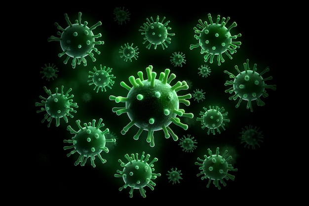 A green virus is in the middle of a black background