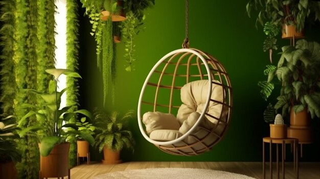 Green wall adorned with a hanging chair Generative AI