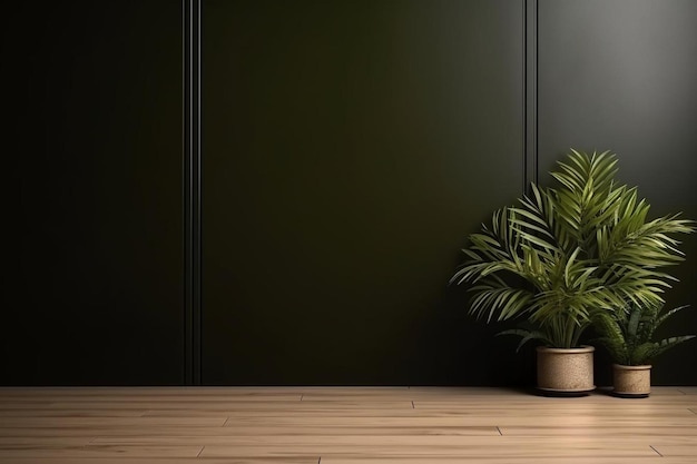 木製の床に植物を植えた緑の壁の空の部屋