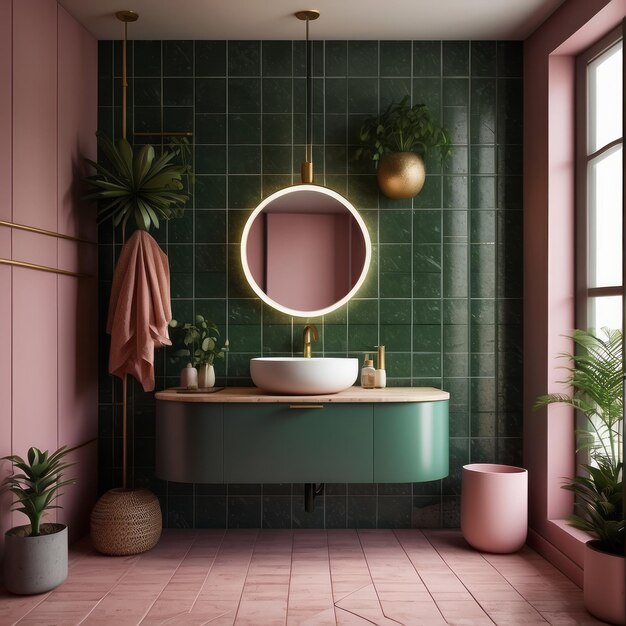 Green wall hung vanity with round granite vessel sink Shelving unit on pink tiled wall