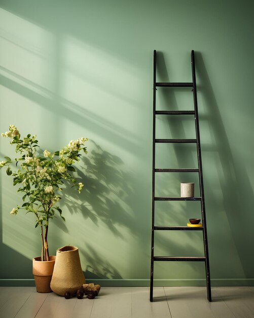 A green wall and ladder with a plant