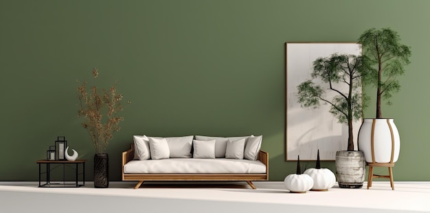 Green wall living room with white coach