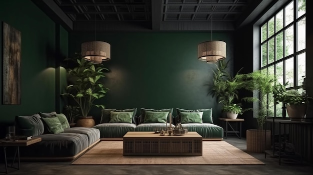 Photo green wall mock up in dark tones with green sofa and decoration minimal