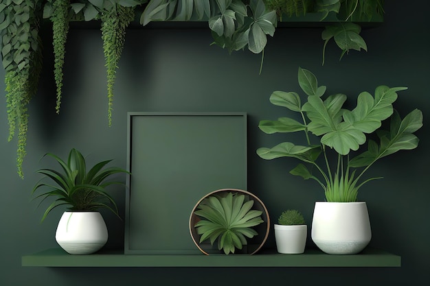 Photo green wall mockup with green plant and shelf3d rendering generative ai