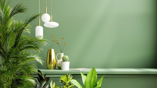 Photo green wall mockup with green plant and shelf3d rendering