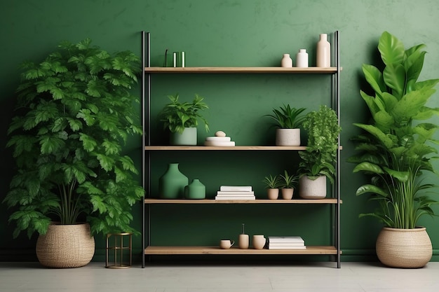 Green wall mockup with green plant and shelf3d rendering