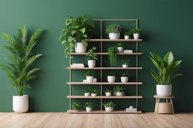 Photo green wall mockup with green plant and shelf3d rendering