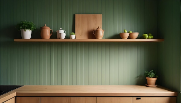 Green wall panelling with wooden shelf in kitchen room