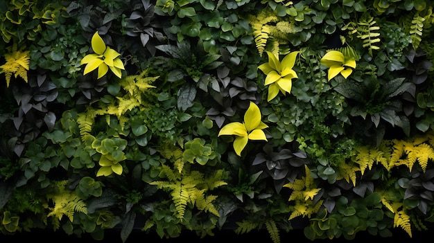 A green wall of plants with yellow flowers and green leaves