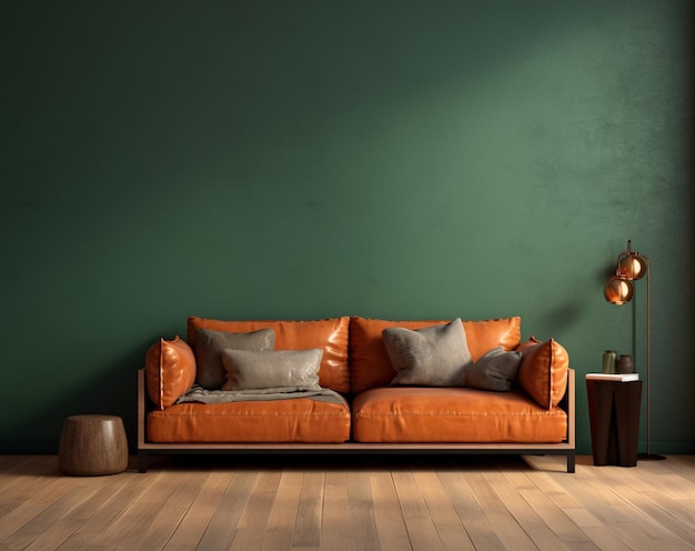 A green wall with a couch and a lamp on it