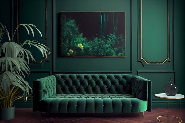 Green wall with a dark green sofa Generative by AI