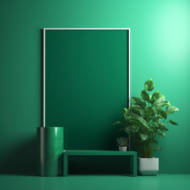 A green wall with a frame and plant on it.