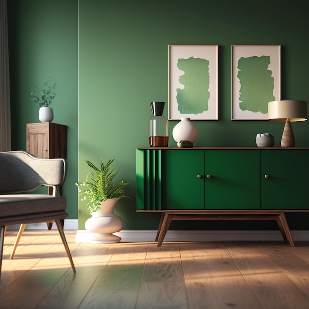 A green wall with a green cabinet and a green cabinet with a lamp on it.