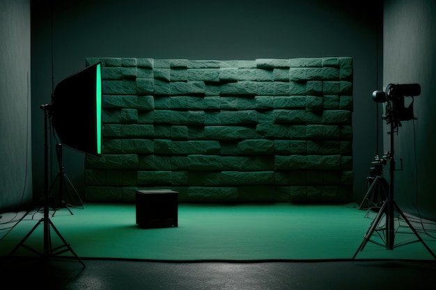 A green wall with a green light that has a green light on it.