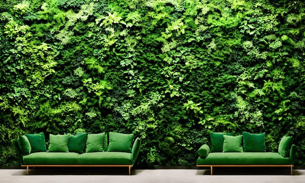 Green wall with a green wall and two couches in front of it