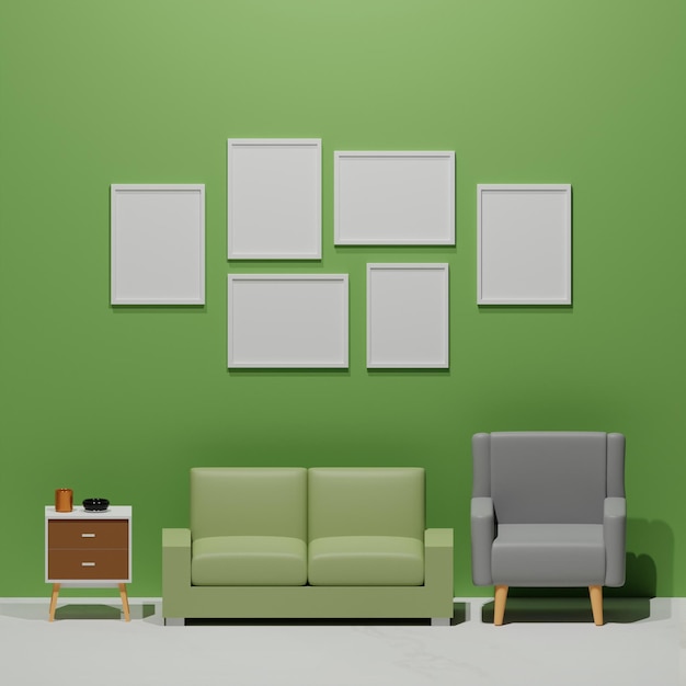 A green wall with a picture of a couch and a chair in front of it.