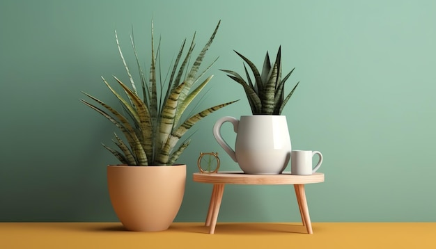 A green wall with a plant on it and a cup on the table.