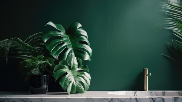 A green wall with a plant in it