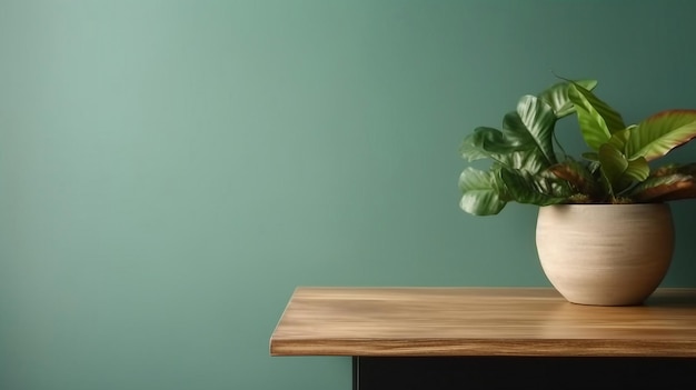 A green wall with a plant in a vase on a table.