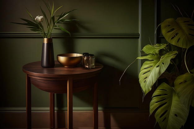 A green wall with a plant and a vase with a plant on it.