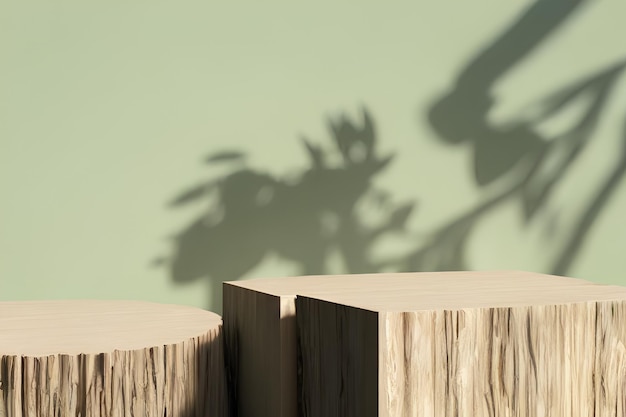 A green wall with a plant and a wooden block product podium with a shadow of a plant behind it