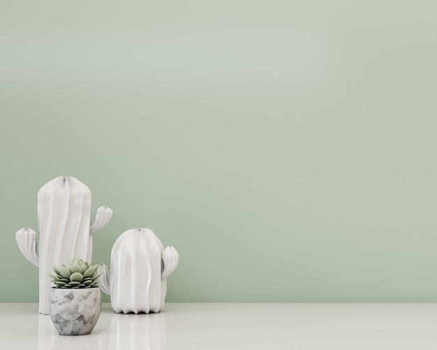 Фото Зеленая стена с растениями и белым фарфоровым декором на полке 3d-рендеринга
