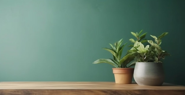 A green wall with plants on it and a plant on the table.