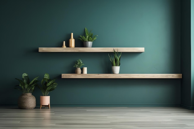 A green wall with plants on it and a potted plant on the shelf.