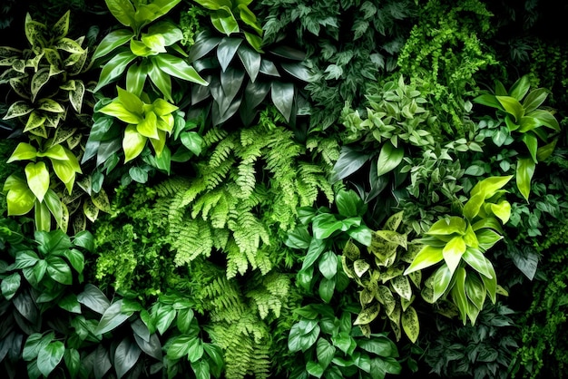 Green wall with plants and leaves