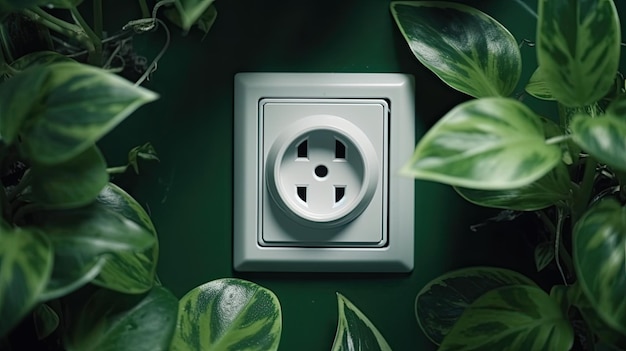 A green wall with a plug and a plant in it