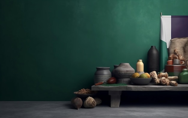 A green wall with pots and bowls on it