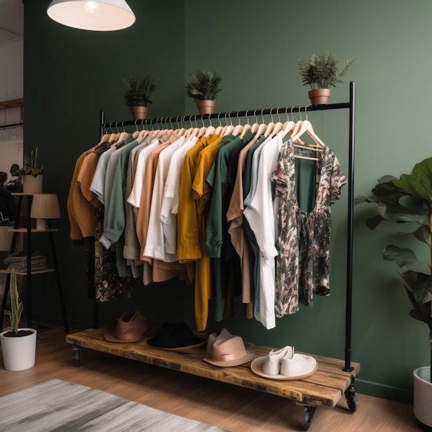 A green wall with a rack of clothes and a green wall with a plant on it.