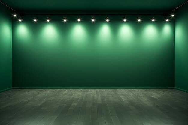 Green wall with a row of spotlights in an empty room