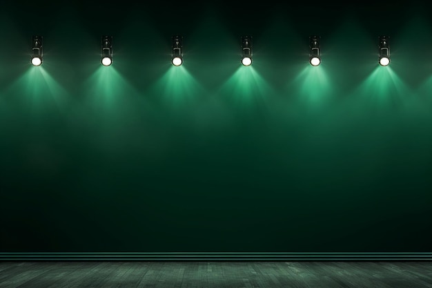 Green wall with a row of spotlights in an empty room