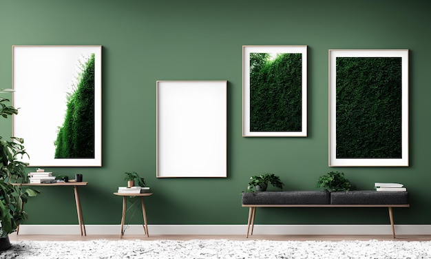 A green wall with three frames on it that says'green '