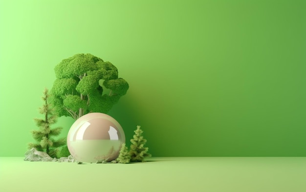 A green wall with a tree and a glass ball with broccoli and a snow globe.