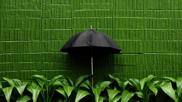 a green wall with an umbrella in front of a green wall.