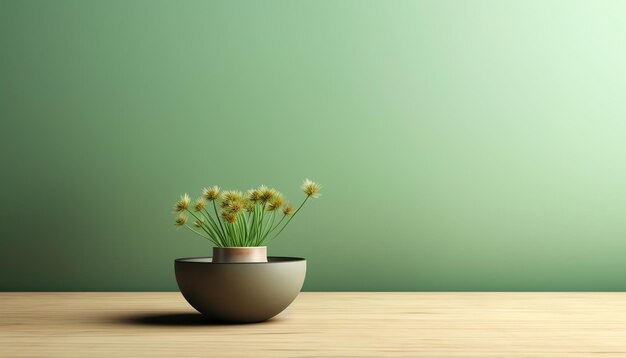 A green wall with a vase of flowers on it