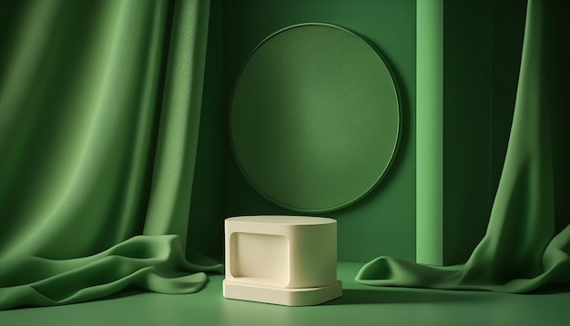 A green wall with a white box in front of a mirror.