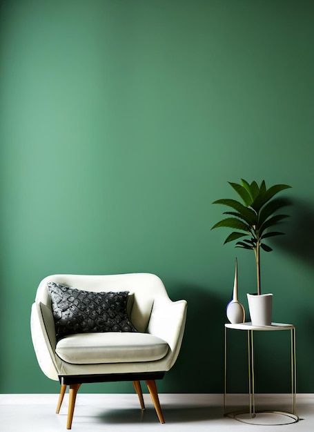 A green wall with a white chair and a plant on it.