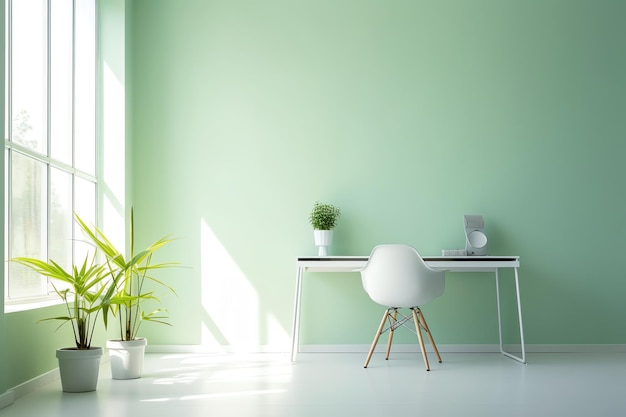 A green wall with a white desk and a plant on it.