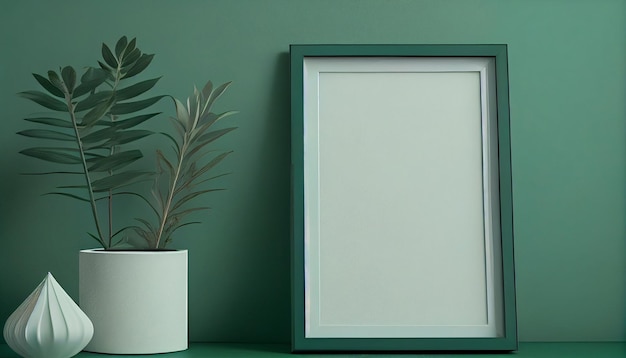 A green wall with a white frame next to a plant