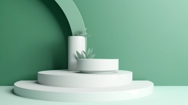 A green wall with white round podiums and a plant on it.