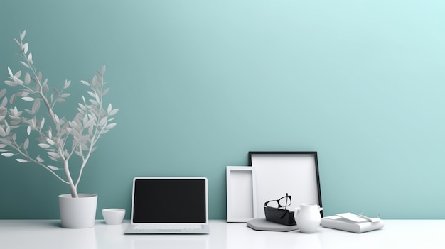 A green wall with a white vase and a laptop on it.