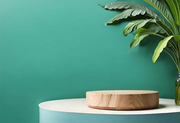 A green wall with a wooden bowl on it and a plant on it.