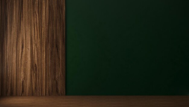 Green wall with wooden panel in empty room with wooden floor 3d rendering