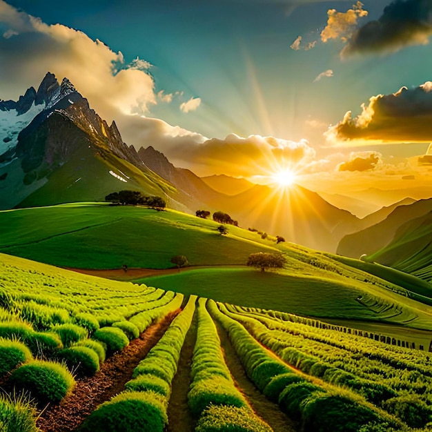 Photo green wallpaper of mountains and plain ground